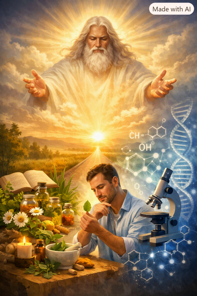 Una representación de Dios observando desde lo alto mientras un hombre examina una hoja con pensamientos sobre la naturaleza y la ciencia, rodeado de elementos botánicos y de investigación.
